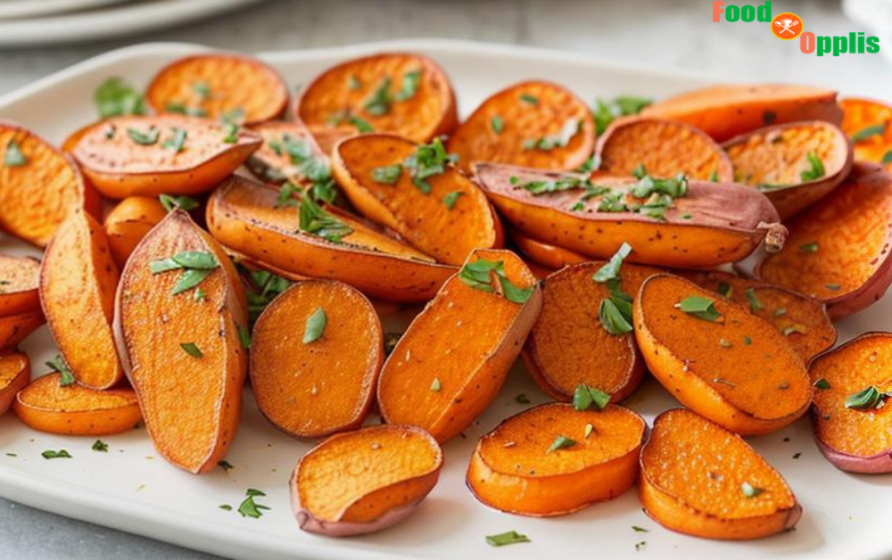Crispy air-fried sweet potatoes on a white plate garnished with parsley."