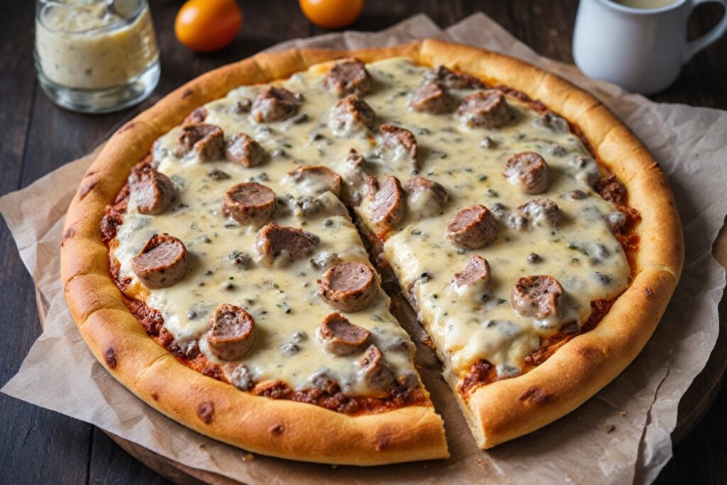 Sausage gravy breakfast pizza with melted cheese