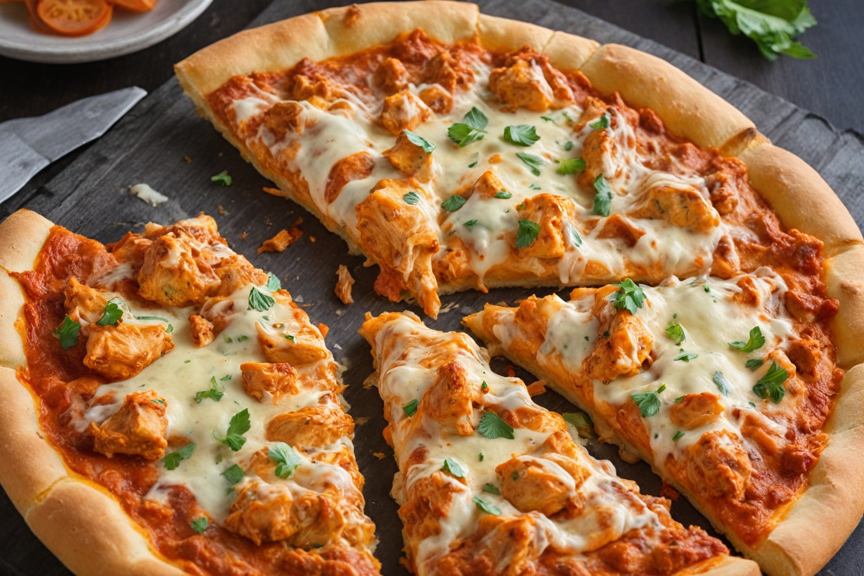 Buffalo Chicken Pizza topped with spicy buffalo sauce, chicken, and melted cheese.